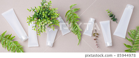 Skincare organic beauty product bottles, green plant leaves on gray background 85944978