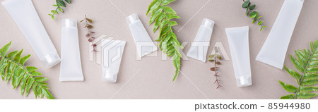 Skincare organic beauty product bottles, green plant leaves on gray background 85944980