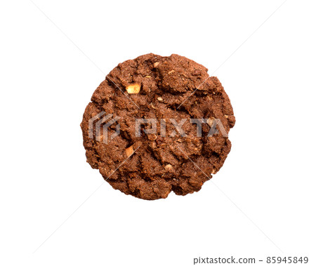 Chocolate oat sugar cookie isolated on white background. Close-up view of yellow snack. Macro shot of dark brown biscuit cake for your design Chocolate oat sugar cookie isolated on white background. Close-up view of yellow snack. Macro shot of dark brown biscuit cake for your design 85945849
