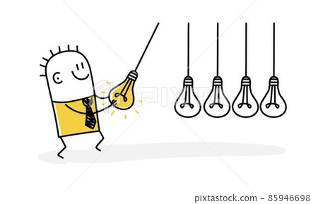 Stickman, businessman manager pull bright lightbulb as pendulum to transfer knowledge. 85946698