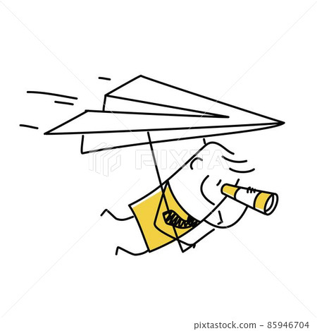 Stickman, businessman flying paper airplane origami as glider with spyglass. Stickman, businessman flying paper airplane origami as glider with spyglass. 85946704