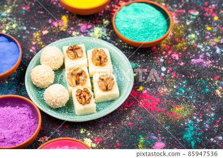 Traditional Indian dessert burfi for Holi 85947536