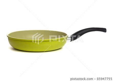 modern stylish light green non-stick frying pan with black handle on a white background 85947755