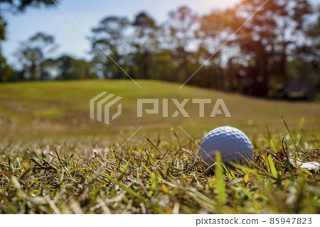 Golf ball on green in beautiful golf course at sunset background. Golf ball on green in beautiful golf course at sunset background. 85947823