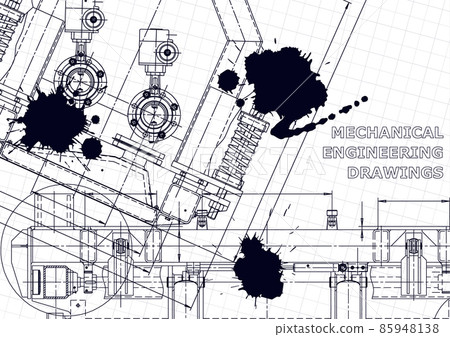 Cover, flyer, banner. Vector engineering illustration. Black Ink. Blots. Instrument-making drawings. Mechanical 85948138