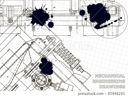 Cover, flyer. Black Ink. Blots. Blueprint, banner, background. Instrument-making drawing Cover, flyer. Black Ink. Blots. Blueprint, banner, background. Instrument-making drawing 85948291
