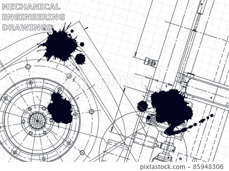Cover, flyer. Black Ink. Blots. Blueprint, banner, background. Instrument-making drawing 85948306