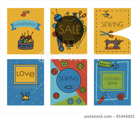 Vector doodle sewing banners. Vector tailoring tools icons. Sewing mannequin, machine, measuring and cutting supplies, Black outline. Sketch with professions Vector doodle sewing banners. Vector tailoring tools icons. Sewing mannequin, machine, measuring and cutting supplies, Black outline. Sketch with professions 85948885