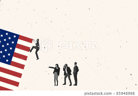 Contemporary art collage. Man climbing up the rock with american flag symbolizing migration or professional trip Contemporary art collage. Man climbing up the rock with american flag symbolizing migration or professional trip 85948998