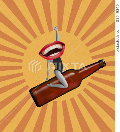 Contemporary art collage, modern design. Young woman in swimsuit headed by female mouth with happy emotion and beer, wine bottle Contemporary art collage, modern design. Young woman in swimsuit headed by female mouth with happy emotion and beer, wine bottle 85949349