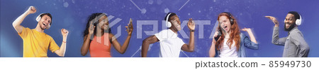 Cool party. Collage of multiracial people listening to music in headphones, dancing to summer hits on cosmic background 85949730