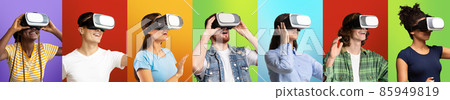 Modern entertainment. Collage of young people wearing VR glasses and experiencing augmented reality, panorama 85949819