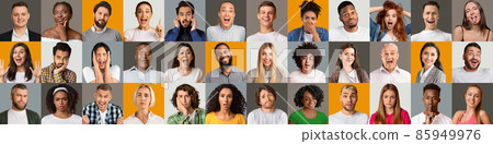 Collage of various people portraits. Diverse women and men headshots over multicolor studio backgrounds, panorama 85949976