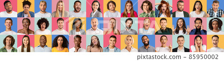 Set of diverse real people portraits expressing various emotions at camera over bright studio backgrounds, panorama 85950002
