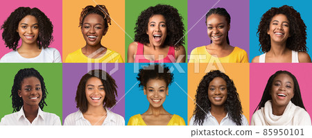 Young black women smiling over studio backgrounds, set of portraits Young black women smiling over studio backgrounds, set of portraits 85950101