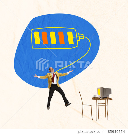Contemporary art collage. Businessman, employee, office worker getting energy from working atmosphere 85950554