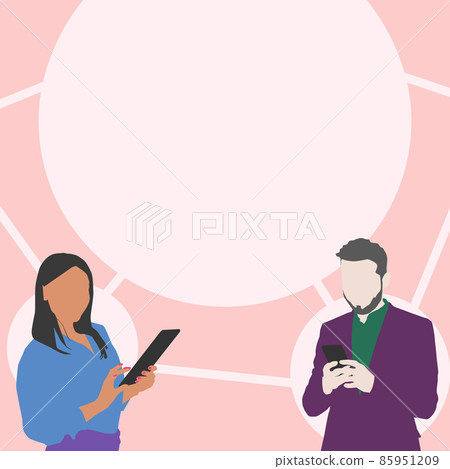 Illustration Of Partners Busy Using Smartphones Searching For New Wonderful Ideas. Couple Actively Working On Digital Telephone Drawing Finding Old Amazing Plans. Illustration Of Partners Busy Using Smartphones Searching For New Wonderful Ideas. Couple Actively Working On Digital Telephone Drawing Finding Old Amazing Plans. 85951209