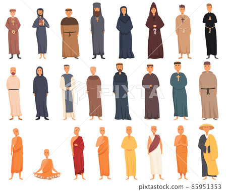 Monk icons set cartoon vector. Catholic friar 85951353