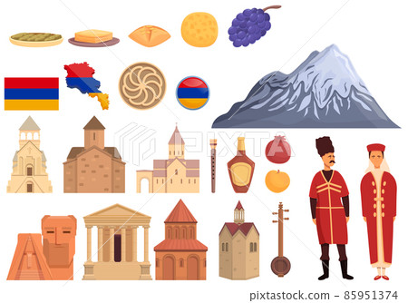 Armenia icons set cartoon vector. Tourism architecture Armenia icons set cartoon vector. Tourism architecture 85951374