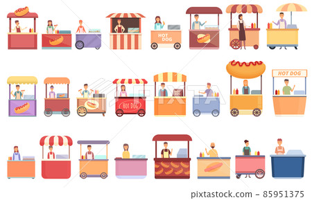 Hot dog seller icons set cartoon vector. Kiosk stand Hot dog seller icons set cartoon vector. Kiosk stand 85951375