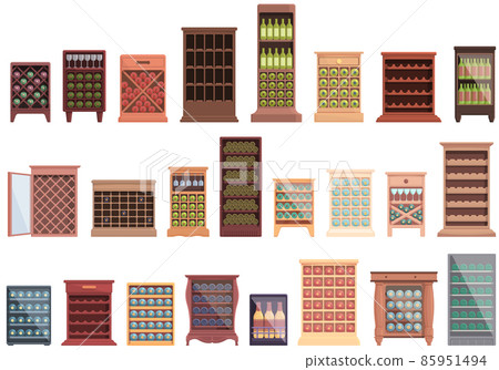Wine cabinet icons set cartoon vector. Shelf alcohol Wine cabinet icons set cartoon vector. Shelf alcohol 85951494