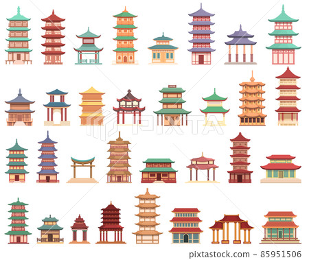 Pagoda icons set cartoon vector. Chinese temple Pagoda icons set cartoon vector. Chinese temple 85951506