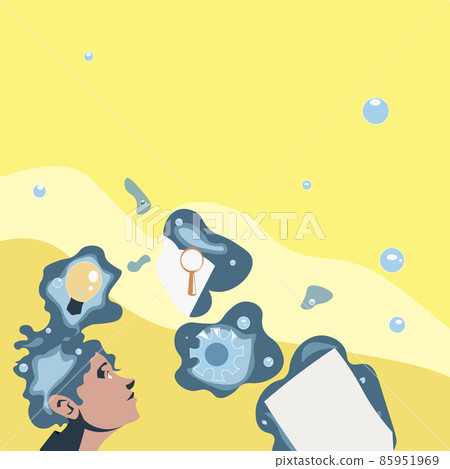 Illustration Of A Man Standing Coming Up With New Amazing Ideas. Businessman Drawing Thinking Deeply For Old Wonderful Plans. Guy Cartoon Brain Storming Brilliant Strategies. 85951969