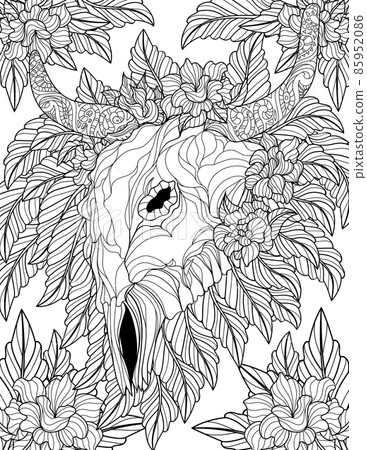 Dead Bull Skull With Long Horns Surrounded With Flowers Line Drawing For Coloring Book Dead Bull Skull With Long Horns Surrounded With Flowers Line Drawing For Coloring Book 85952086