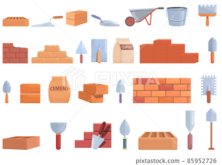 Brick and mortar icons set cartoon vector. Brick construction 85952726
