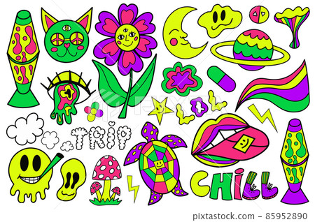 Psychedelic neon trip hipster set stickers. Retro 70s, hippie stickers, groovy sticker elements. Cartoon funky flowers, rainbow, acid hippy style. vector illustration Psychedelic neon trip hipster set stickers. Retro 70s, hippie stickers, groovy sticker elements. Cartoon funky flowers, rainbow, acid hippy style. vector illustration 85952890
