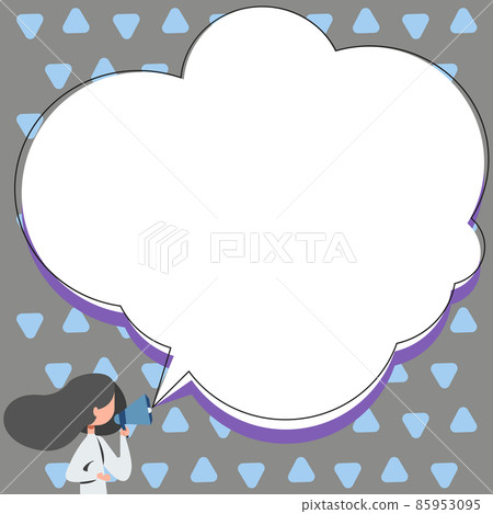 Woman Talking Through Megaphone Making New Announcement With Large Speech Bubble. Lady Holds Bullhorn Audio Device Big Conversation Balloon Showing Message. 85953095