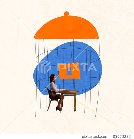 Contemporary art collage. Young woman, employee working on laptop sitting in bird cage symbolizing routine 85953283