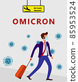 Omicron, Coronavirus outbreak, New corona virus disease COVID-19 variant, 2019-nCoV, bearded man in suit with blue medical face mask and travel bag on wheels moves from direction of arrival 85953524