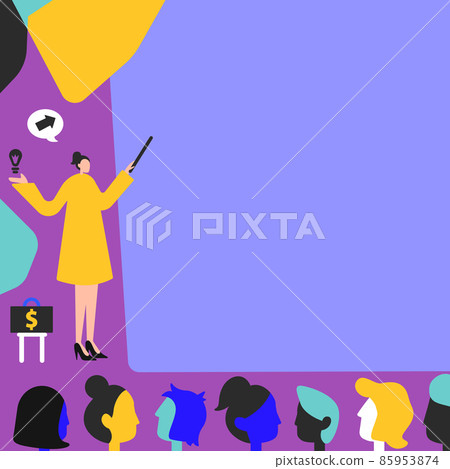 Lady Holding A Presentation Pointing Backdrop Presenting Newest Successfull Financial Strategies. Innovative Woman Points Screen Displaying Plan Future Achievements. 85953874