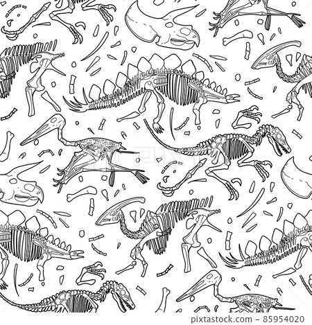 Repeated seamless pattern of dinosaurs fossils on a white background. Repeated seamless pattern of dinosaurs fossils on a white background. 85954020
