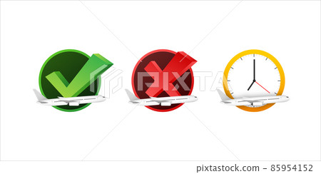 Flight information check mark. Qr code scan icon. Exclamation mark. Travel time. 85954152