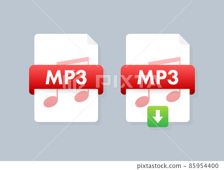 Download MP3 button on laptop screen. Downloading document concept. File with MP3 label and down arrow sign. Vector illustration. 85954400