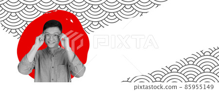Art collage with emotive cheerful young japanese man isolated on absract colorful background. Japanese style, contemporary artwork, Art collage with emotive cheerful young japanese man isolated on absract colorful background. Japanese style, contemporary artwork, 85955149