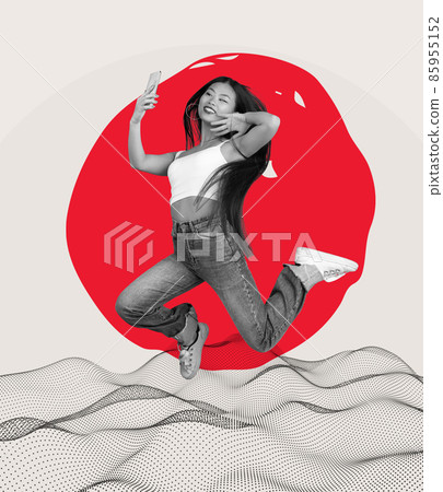 Art collage with emotive cheerful young japanese girl isolated on absract colorful background. Japanese style, contemporary artwork, Art collage with emotive cheerful young japanese girl isolated on absract colorful background. Japanese style, contemporary artwork, 85955152