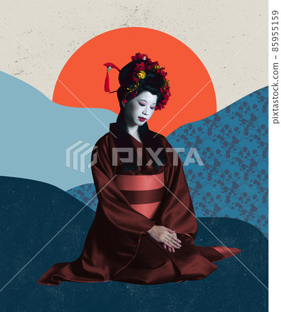 Artwork. Young japanese woman as geisha isolated on absract colorful background. Japanese style, contemporary art collage, Artwork. Young japanese woman as geisha isolated on absract colorful background. Japanese style, contemporary art collage, 85955159