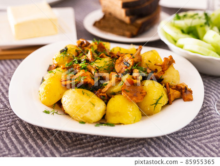 baked potatoes with chanterelles, served with herbs on white plate baked potatoes with chanterelles, served with herbs on white plate 85955365