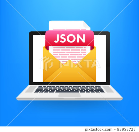 Download JSON button. Downloading document concept. File with JSON label and down arrow sign. Vector illustration. Download JSON button. Downloading document concept. File with JSON label and down arrow sign. Vector illustration. 85955725