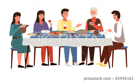 People are eating georgian food. Characters are having dinner together in the dining room 85956181