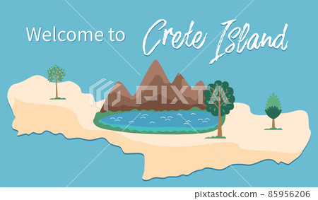 Crete island invitation card vector illustration. Drawing of territory of the landscape of Greece 85956206