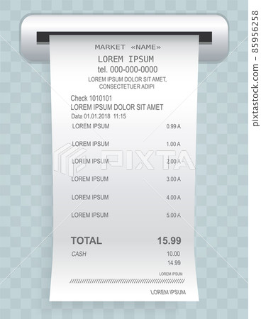 Payment check paper document poked out of the cash register. Buying financial invoice bill Payment check paper document poked out of the cash register. Buying financial invoice bill 85956258