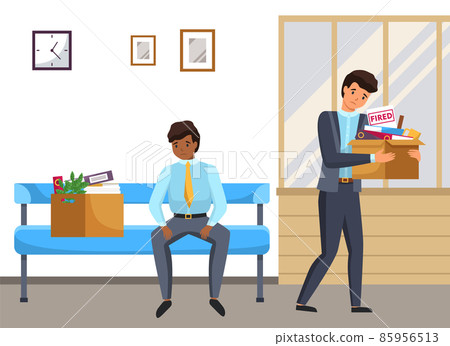 Layoff concept. Boss dismissed employee. Sad fired men leave the office with things in boxes 85956513