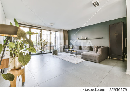 Sleek huge living room with a large comfortable sofa Sleek huge living room with a large comfortable sofa 85956579