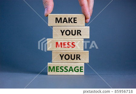 Business concept growth success process. Wood blocks on grey background, copy space. Businessman hand. Words 'make your mess your message'. Conceptual image of motivation. Business concept growth success process. Wood blocks on grey background, copy space. Businessman hand. Words 'make your mess your message'. Conceptual image of motivation. 85956718