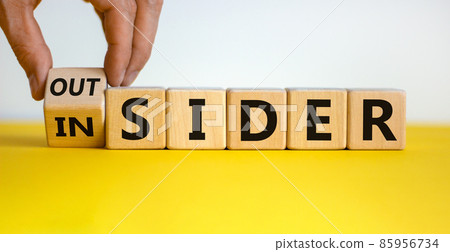 Hand turns a cube and changes the expression 'insider' to 'outsider' or vice versa. Beautiful yellow table, white background.  Copy space. 85956734
