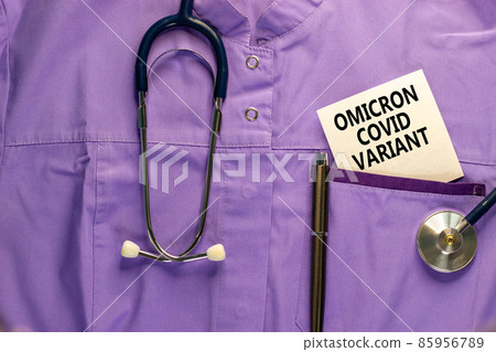 Covid-19 omicron strain variant symbol. Medical uniform, white card with words Omicron covid variant, metalic pen and stethoscope. Medical and COVID-19 pandemic omicron strain variant virus concept. Covid-19 omicron strain variant symbol. Medical uniform, white card with words Omicron covid variant, metalic pen and stethoscope. Medical and COVID-19 pandemic omicron strain variant virus concept. 85956789